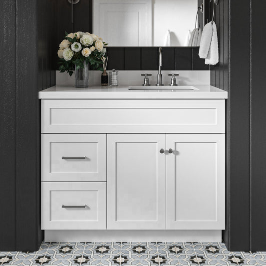 Bradford 42-Inch White bathroom vanity in styled bathroom setting