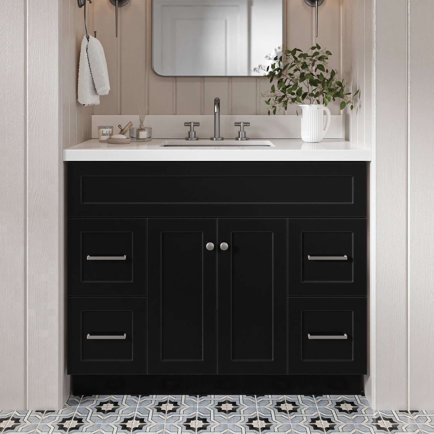 Bradford 42-Inch Black bathroom vanity in styled bathroom setting
