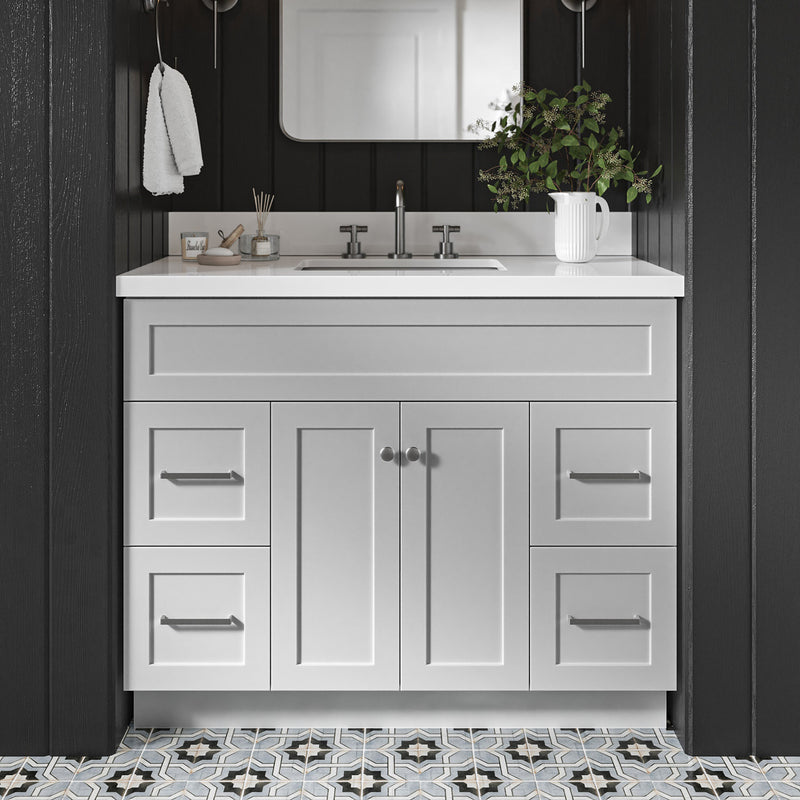 Bradford 42-Inch Grey bathroom vanity in styled bathroom setting