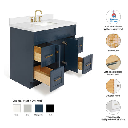 Bradford 42-Inch Midnight Blue bathroom vanity – feature highlights: solid wood frame, soft-close doors and drawers, Sherwin-Williams paint finish