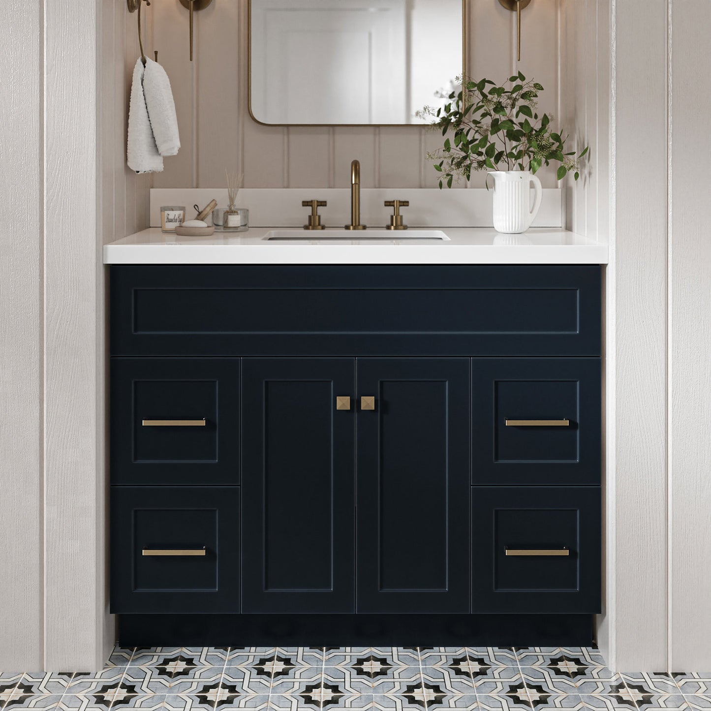 Bradford 42-Inch Midnight Blue bathroom vanity in styled bathroom setting