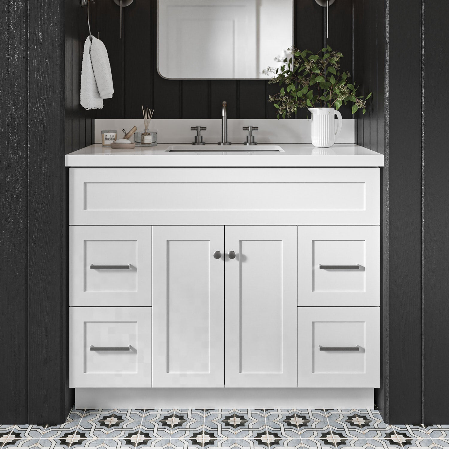Bradford 42-Inch White bathroom vanity in styled bathroom setting