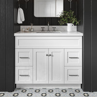 Bradford 42-Inch White bathroom vanity in styled bathroom setting