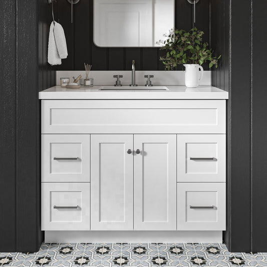 Bradford 42-Inch White bathroom vanity in styled bathroom setting