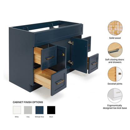 Bradford 48-inch Midnight Blue base cabinet on feature highlights: solid wood frame, soft-close doors and drawers, Sherwin-Williams paint finish