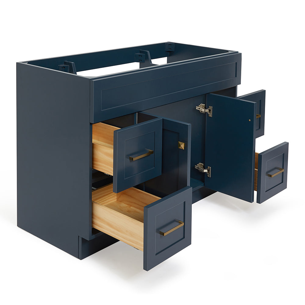 Bradford 48-inch Midnight Blue base cabinet on white back ground side view open door