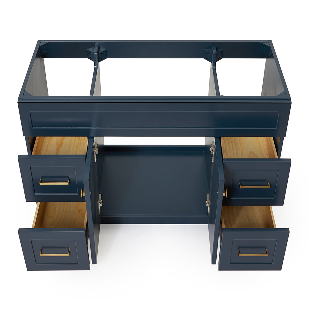 Bradford 48-inch Midnight Blue base cabinet on white back ground front view open door