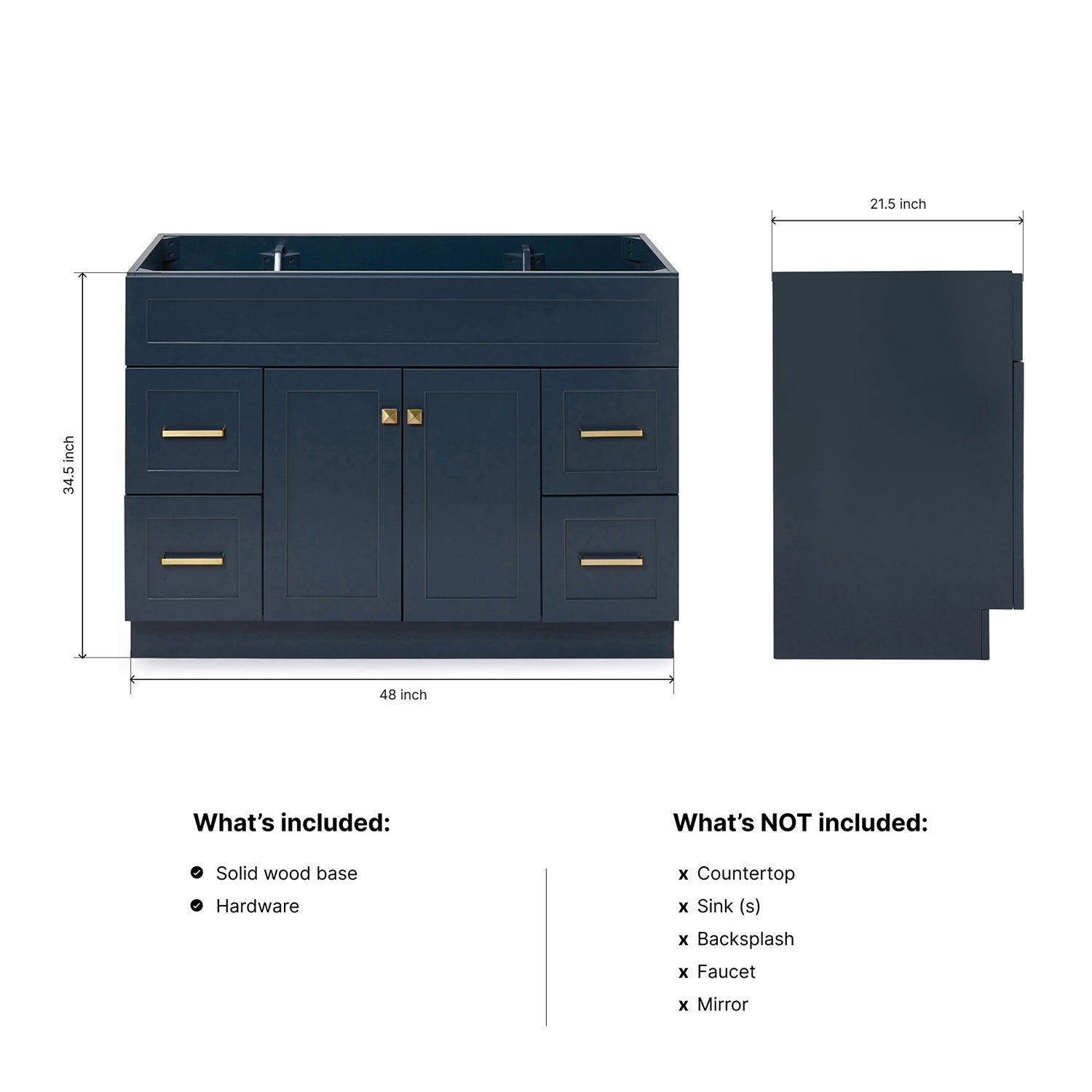 Bradford 48-inch Midnight Blue base cabinet on dimensions