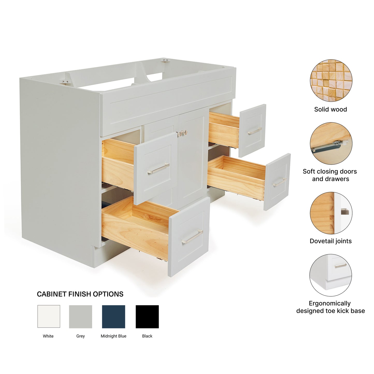 Bradford 48-inch Grey base cabinet on feature highlights: solid wood frame, soft-close doors and drawers, Sherwin-Williams paint finish