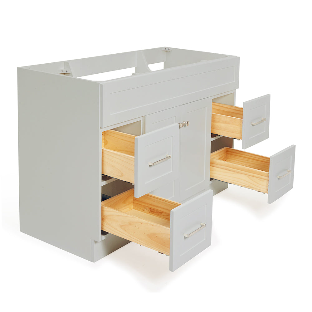 Bradford 48-inch Grey base cabinet on white back ground side view open door