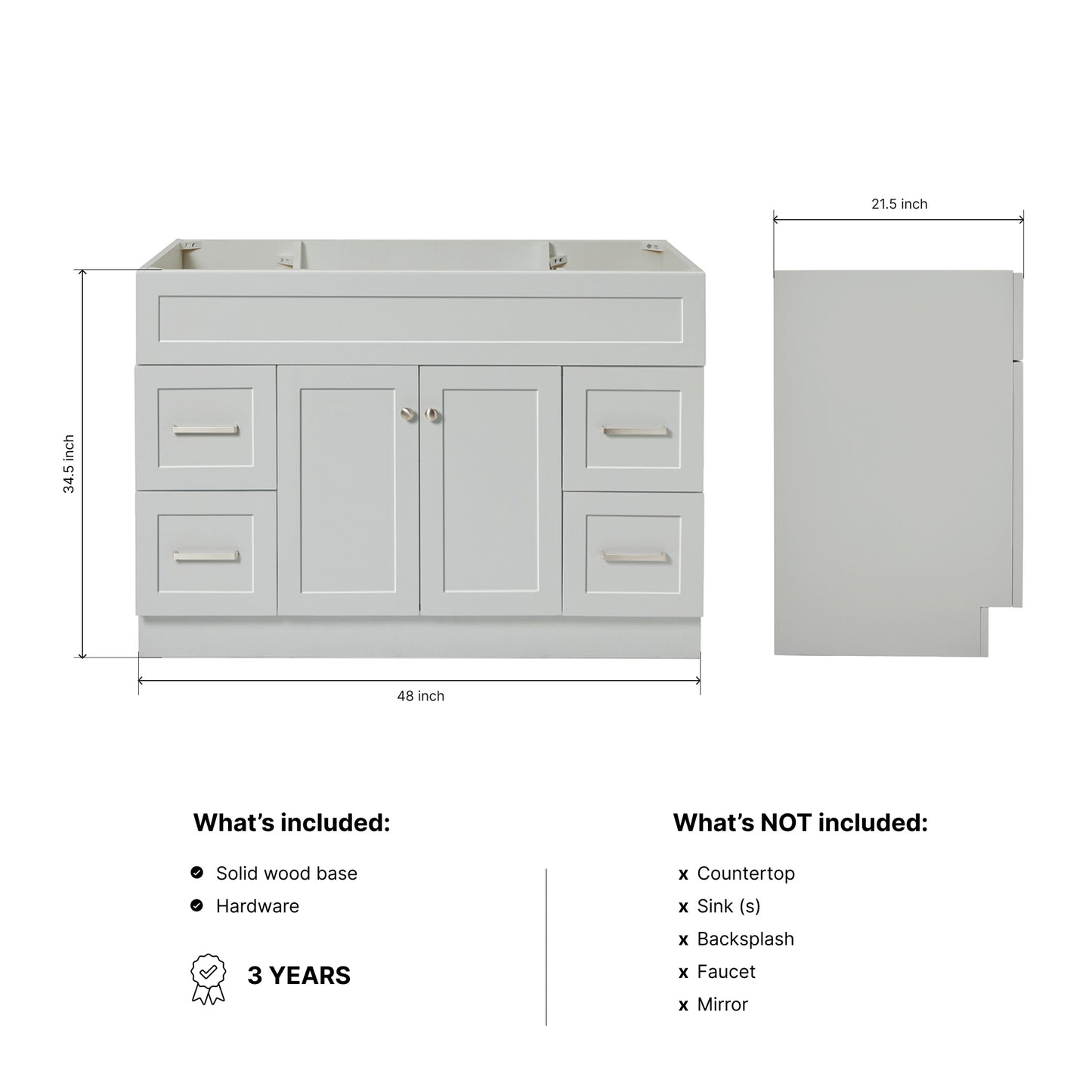 Bradford 48-inch Grey base cabinet on dimensions