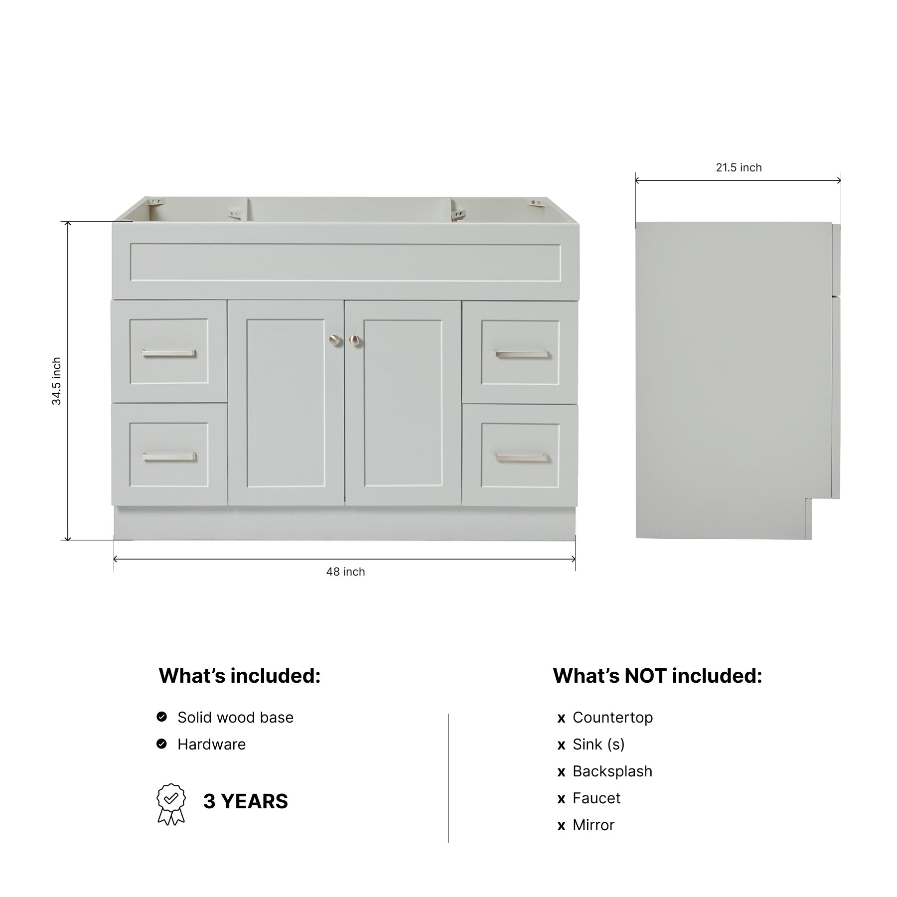 Bradford 48-inch Grey base cabinet on dimensions