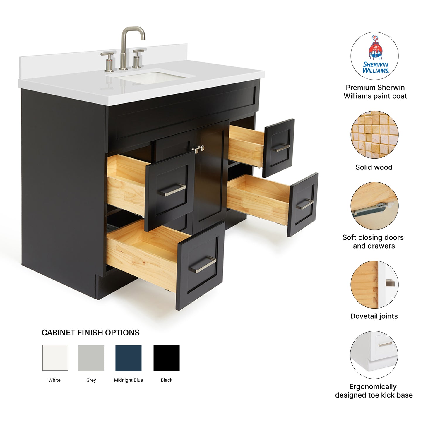 Bradford 48-Inch Black bathroom vanity – feature highlights: solid wood frame, soft-close doors and drawers, Sherwin-Williams paint finish