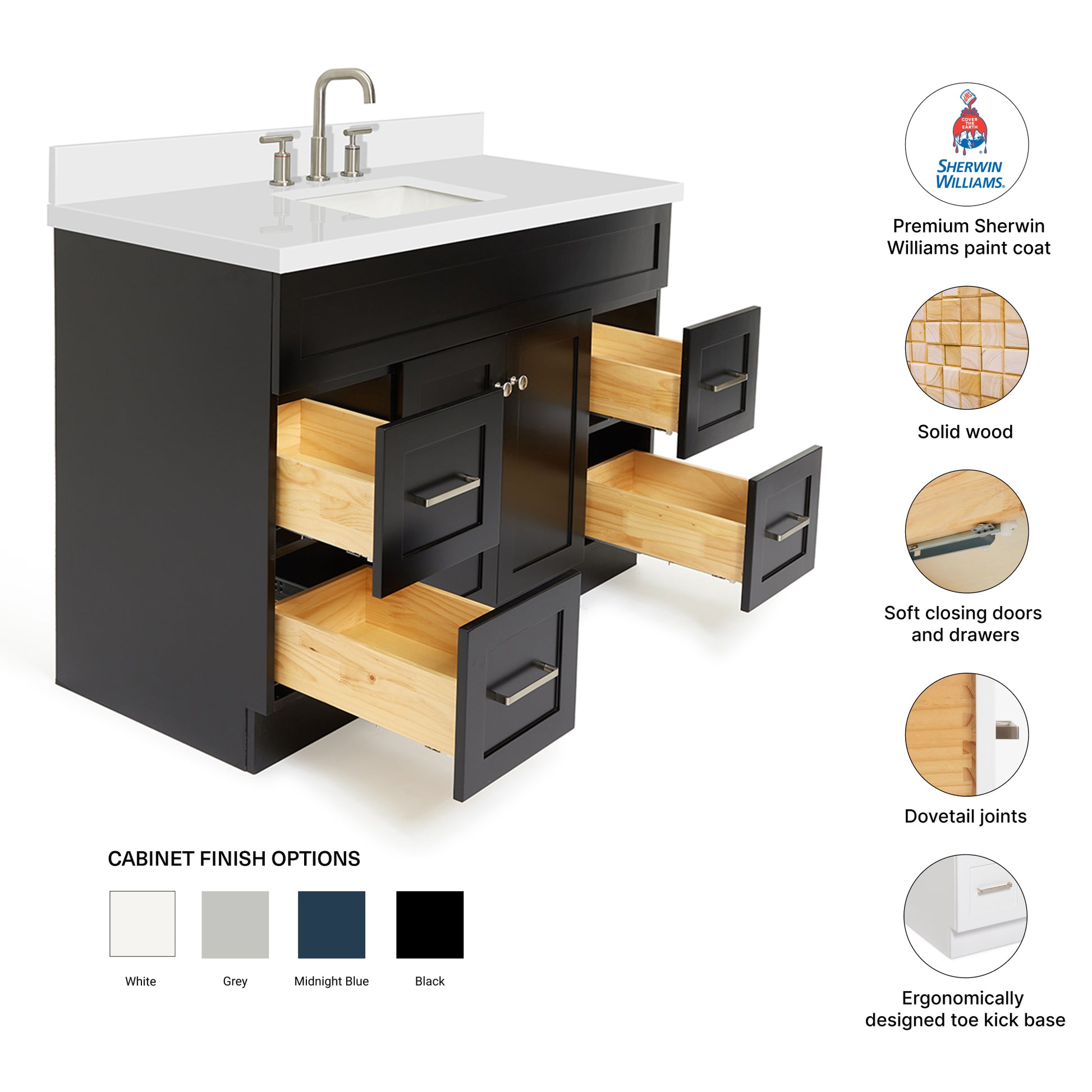 Bradford 48-Inch Black bathroom vanity – feature highlights: solid wood frame, soft-close doors and drawers, Sherwin-Williams paint finish