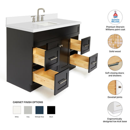 Bradford 48-Inch Black bathroom vanity – feature highlights: solid wood frame, soft-close doors and drawers, Sherwin-Williams paint finish