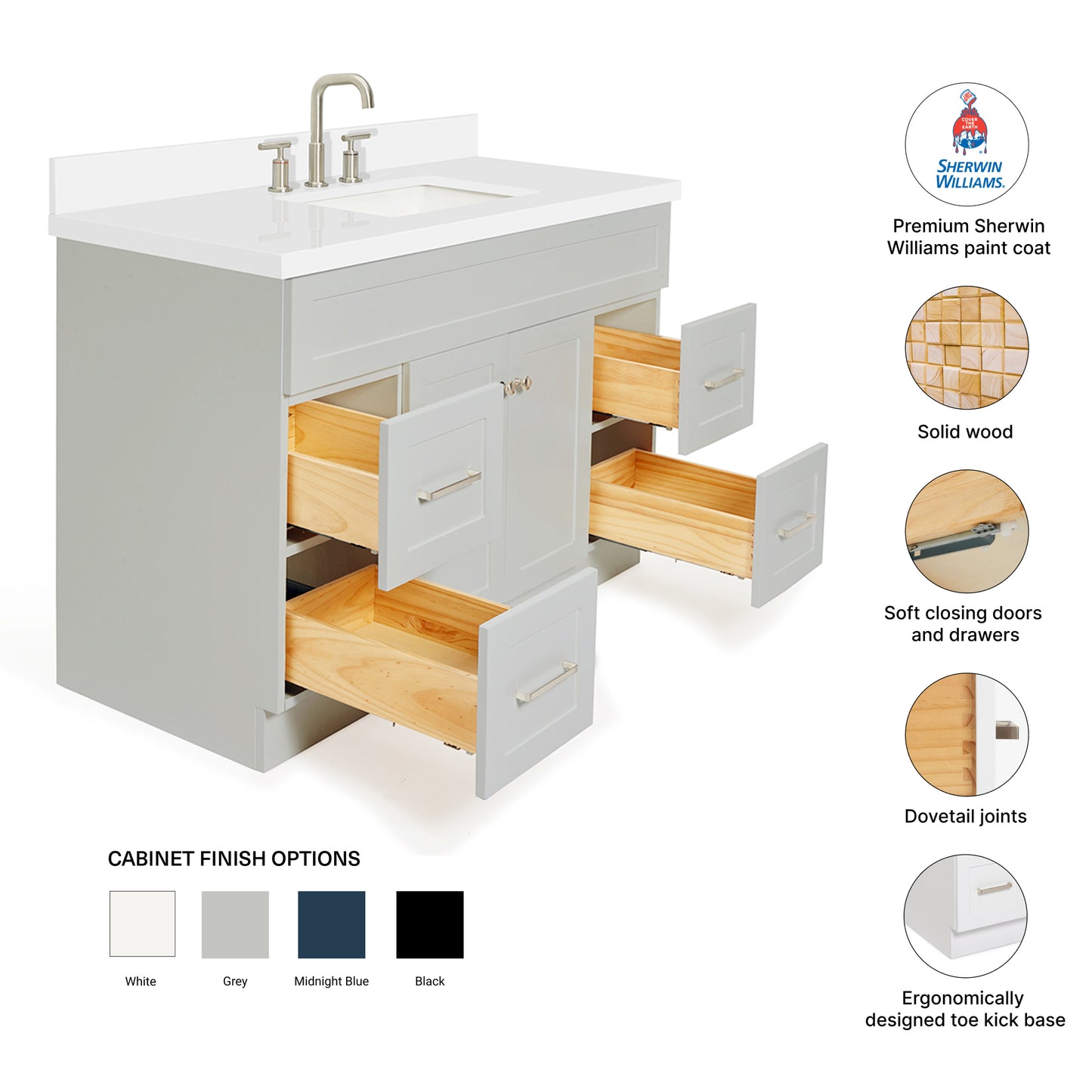 Bradford 48-Inch Grey bathroom vanity – feature highlights: solid wood frame, soft-close doors and drawers, Sherwin-Williams paint finish