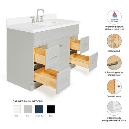 Bradford 48-Inch Grey bathroom vanity – feature highlights: solid wood frame, soft-close doors and drawers, Sherwin-Williams paint finish