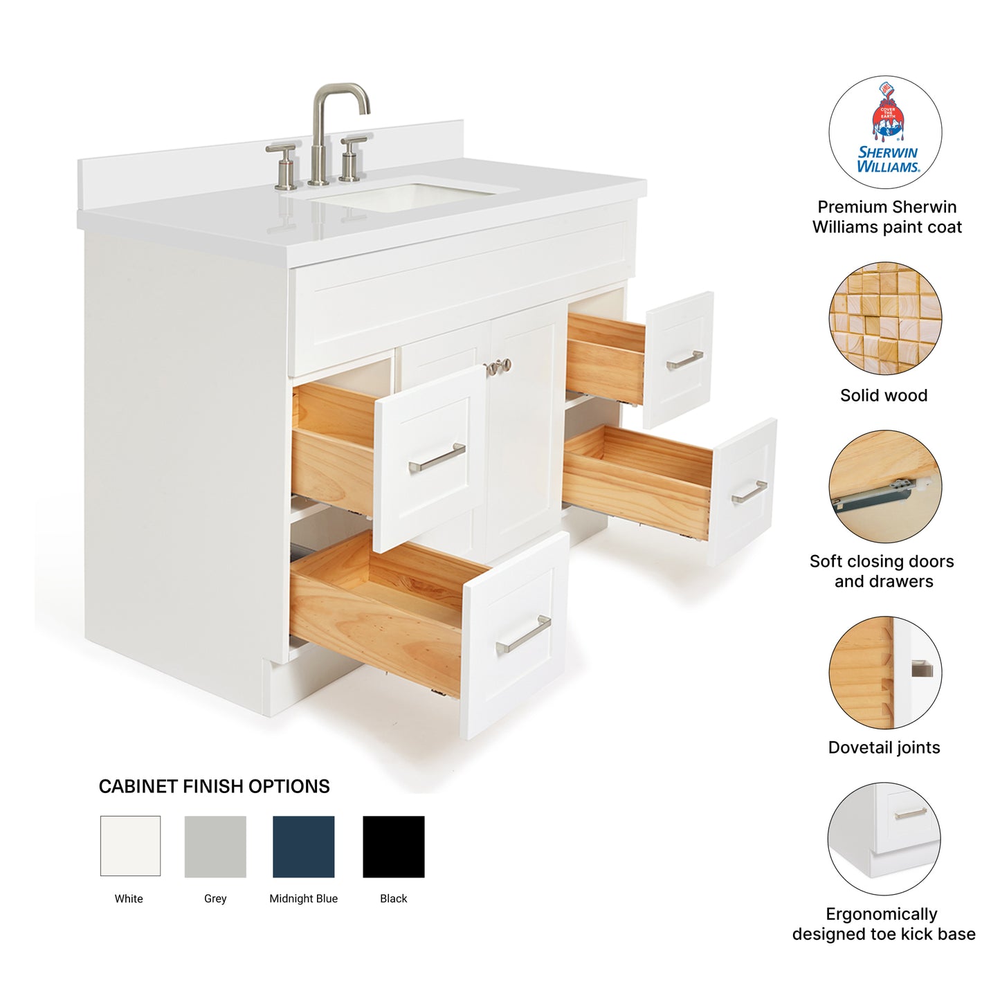 Bradford 48-Inch White bathroom vanity – feature highlights: solid wood frame, soft-close doors and drawers, Sherwin-Williams paint finish