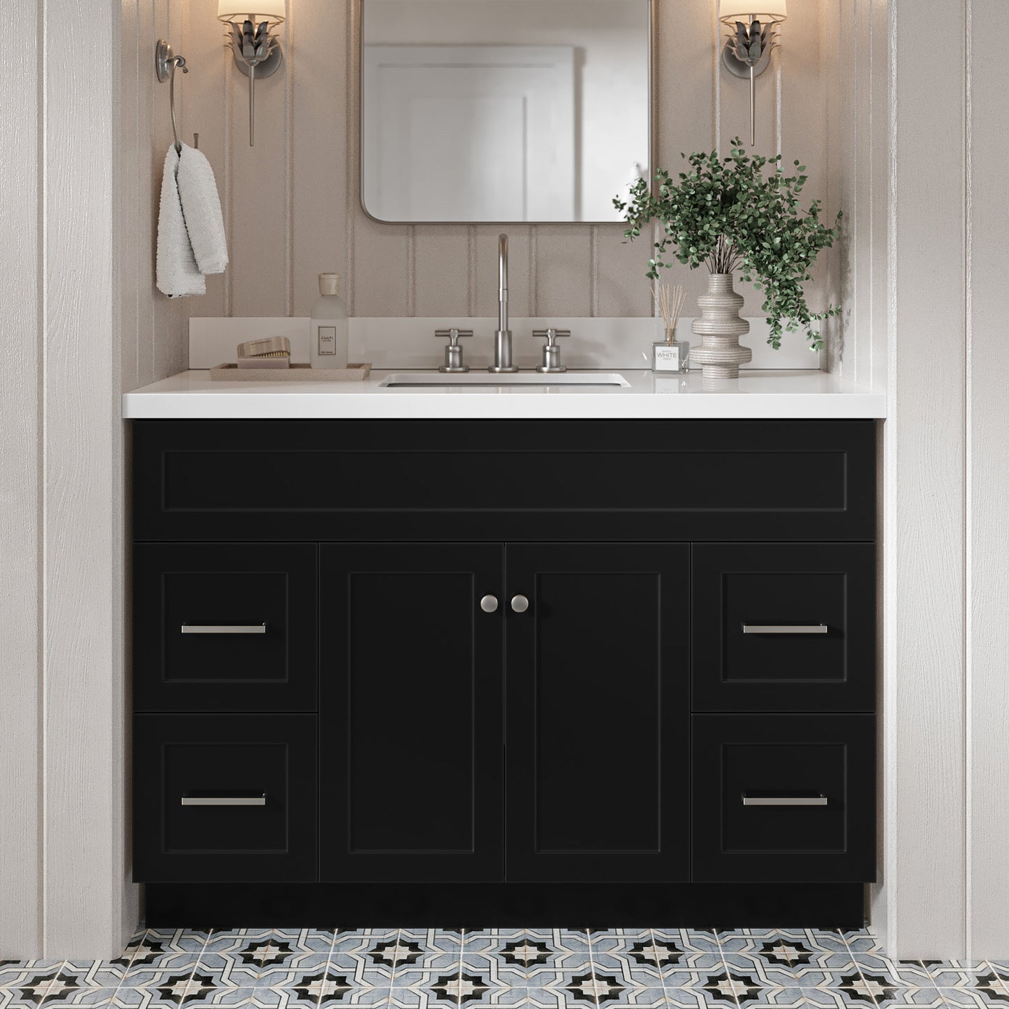 Bradford 48-Inch Black bathroom vanity in styled bathroom setting