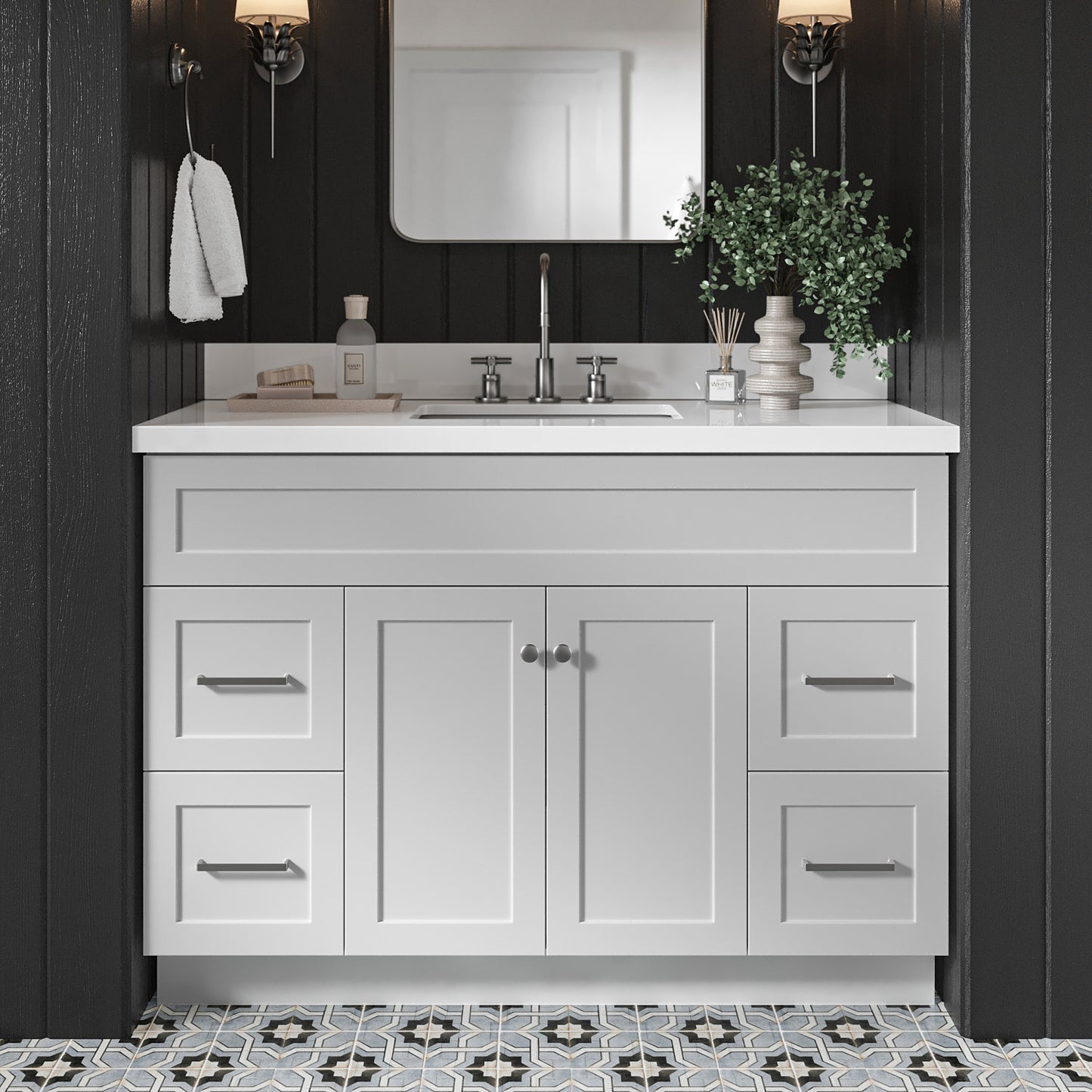 Bradford 48-Inch Grey bathroom vanity in styled bathroom setting