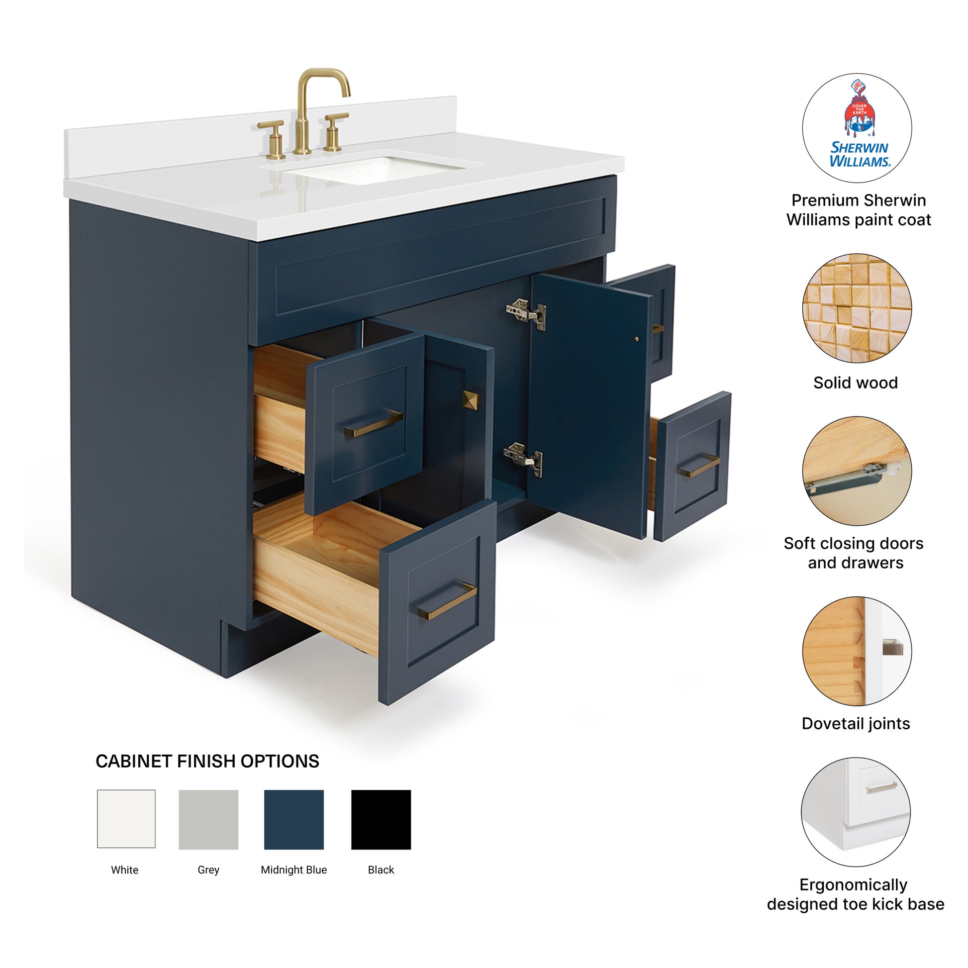 Bradford 48-Inch Midnight Blue bathroom vanity – feature highlights: solid wood frame, soft-close doors and drawers, Sherwin-Williams paint finish
