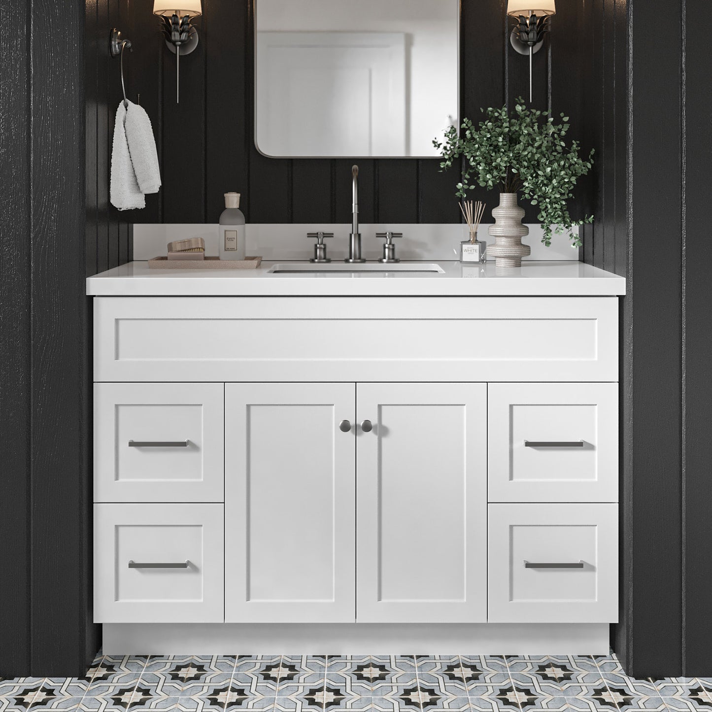 Bradford 48-Inch White bathroom vanity in styled bathroom setting