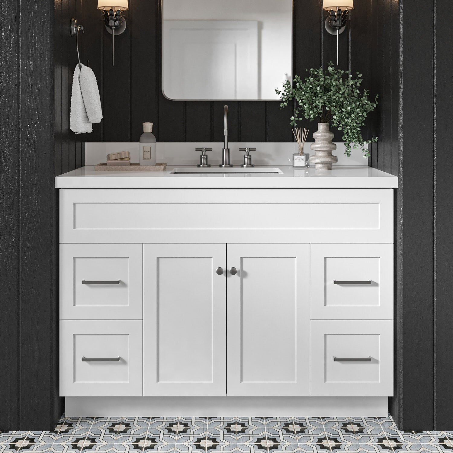 Bradford 48-Inch White bathroom vanity in styled bathroom setting