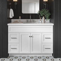 Bradford 48-Inch White bathroom vanity in styled bathroom setting