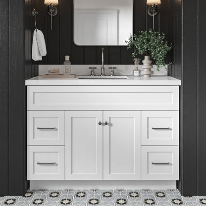 Bradford 48-Inch White bathroom vanity in styled bathroom setting