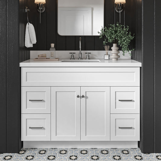Bradford 48-Inch White bathroom vanity in styled bathroom setting
