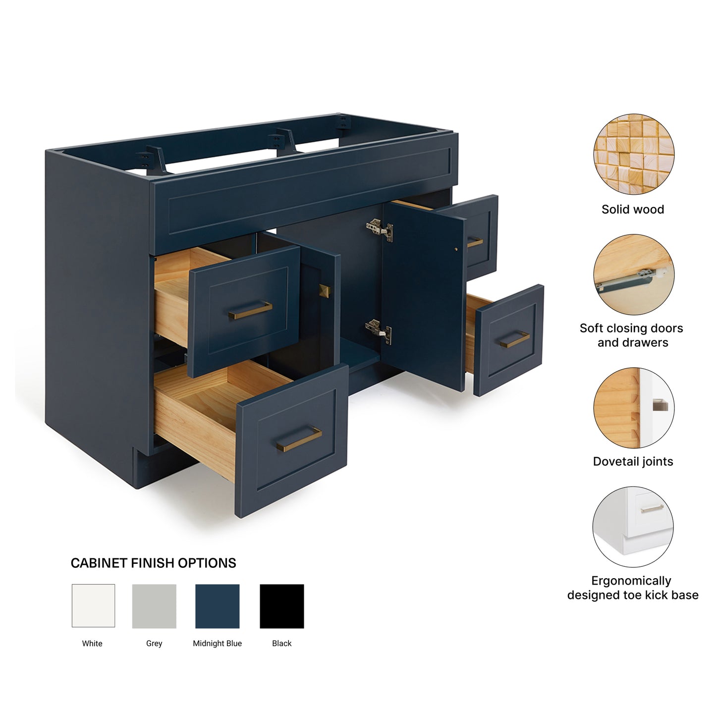 Bradford 54-inch Midnight Blue base cabinet on feature highlights: solid wood frame, soft-close doors and drawers, Sherwin-Williams paint finish