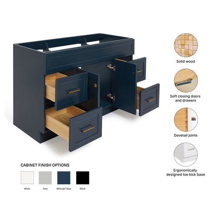 Bradford 54-inch Midnight Blue base cabinet on feature highlights: solid wood frame, soft-close doors and drawers, Sherwin-Williams paint finish