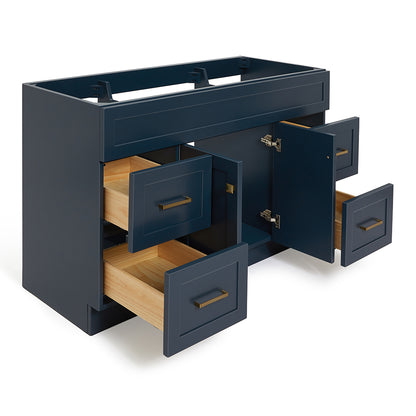 Bradford 54-inch Midnight Blue base cabinet on white back ground side view open door