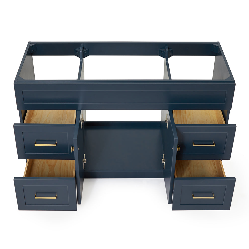 Bradford 54-inch Midnight Blue base cabinet on white back ground front view open door
