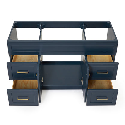 Bradford 54-inch Midnight Blue base cabinet on white back ground front view open door
