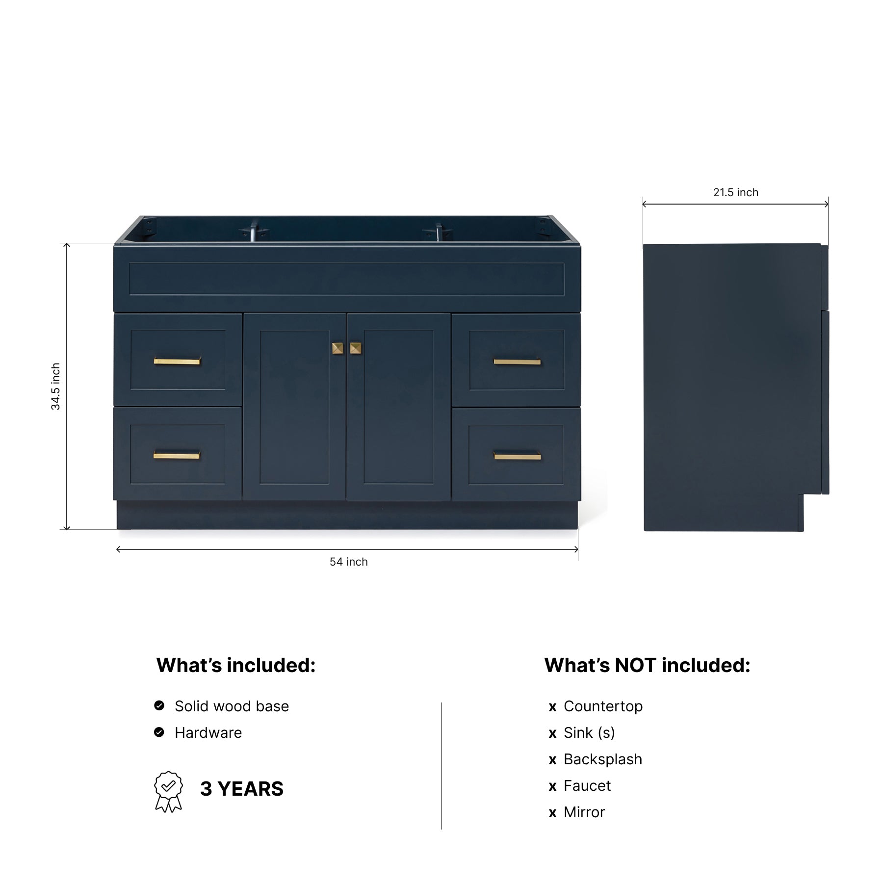 Bradford 54-inch Midnight Blue base cabinet on dimensions