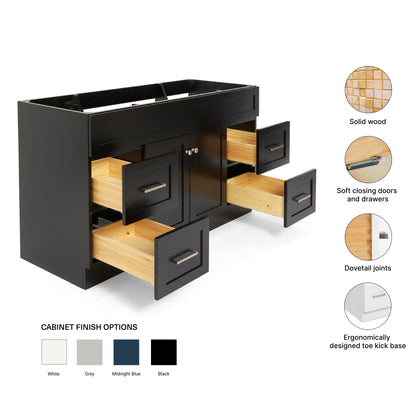Bradford 54-inch Black base cabinet on feature highlights: solid wood frame, soft-close doors and drawers, Sherwin-Williams paint finish