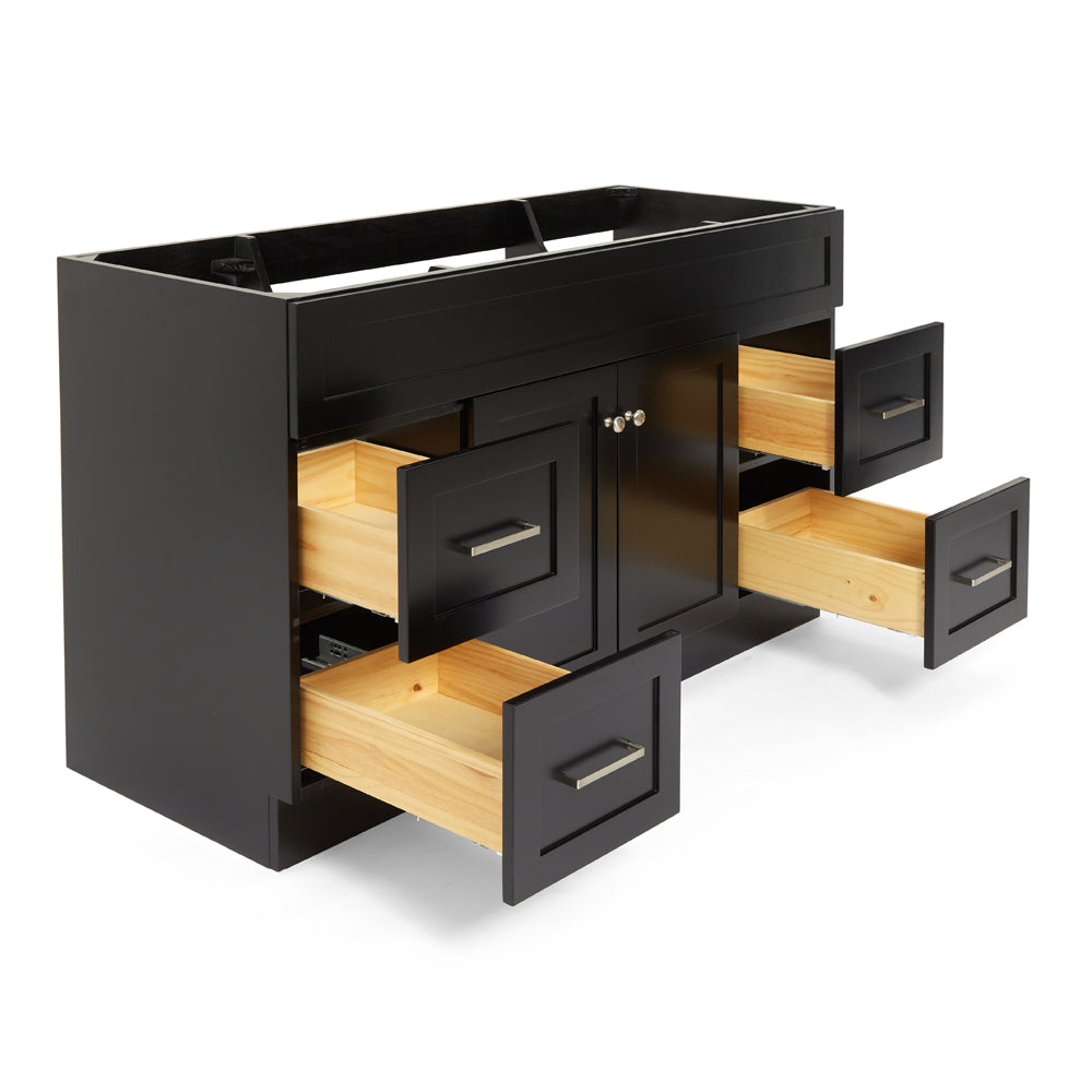 Bradford 54-inch Black base cabinet on white back ground front view open door