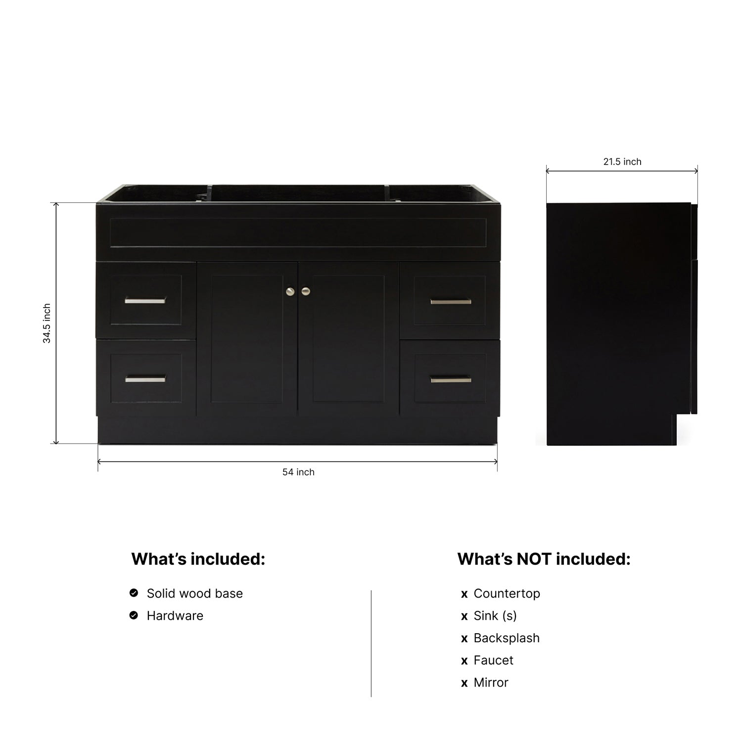 Bradford 54-inch Black base cabinet on dimensions
