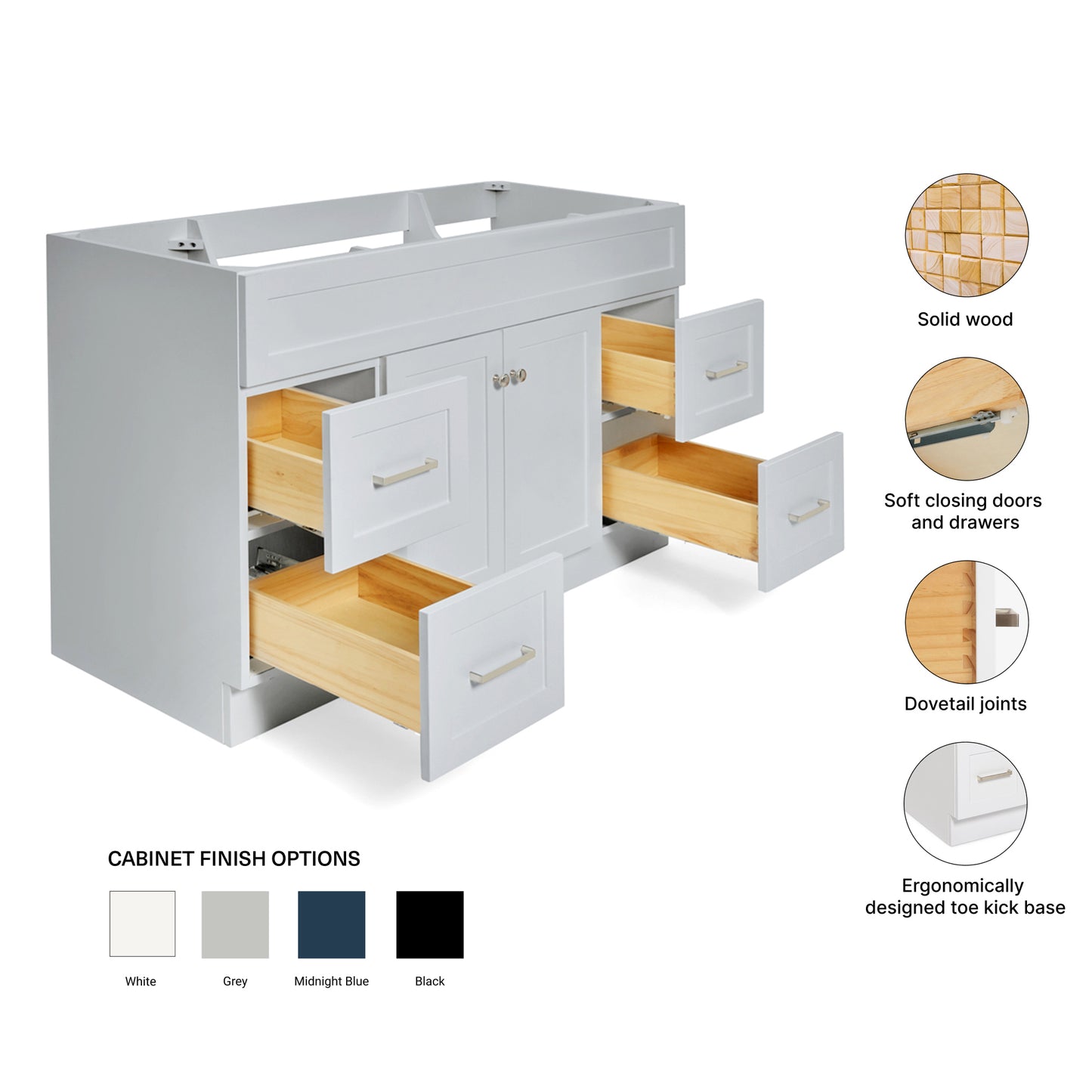Bradford 54-inch Grey base cabinet on feature highlights: solid wood frame, soft-close doors and drawers, Sherwin-Williams paint finish