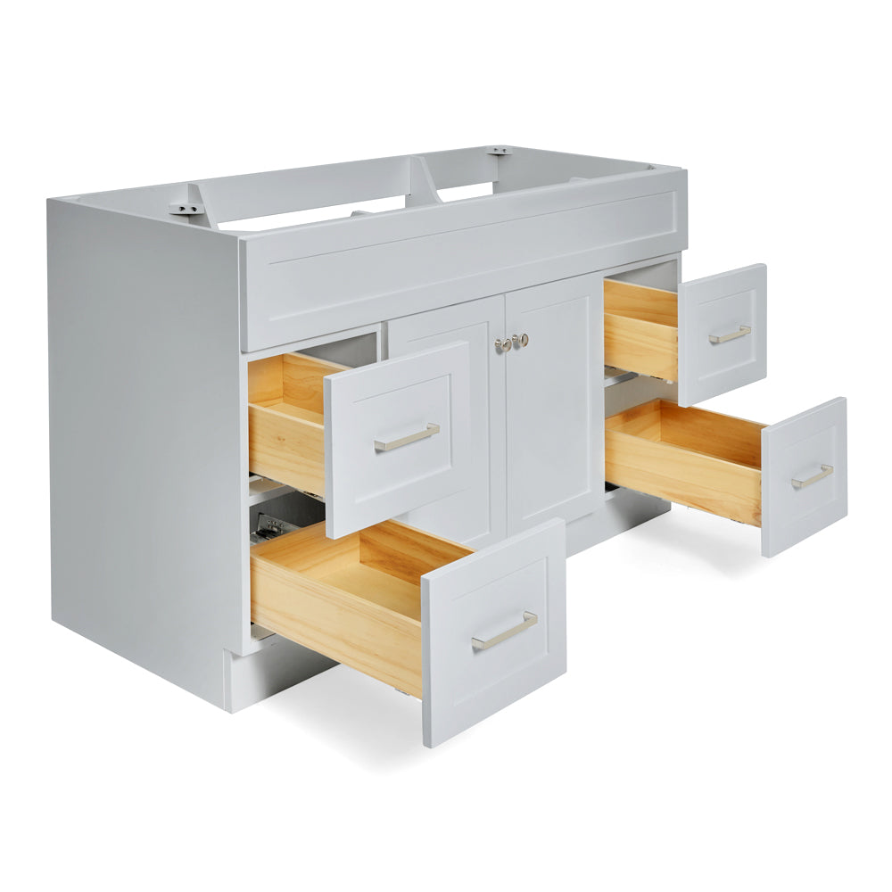 Bradford 54-inch Grey base cabinet on white back ground side view open door