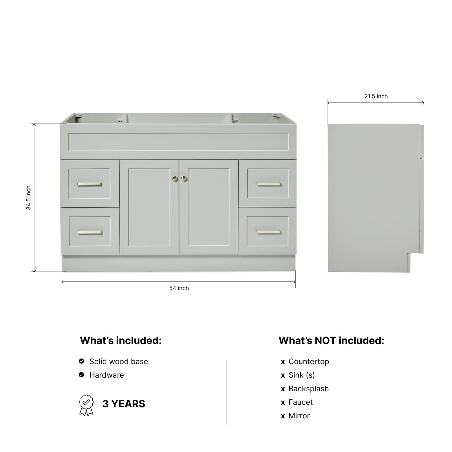 Bradford 54-inch Grey base cabinet on dimensions