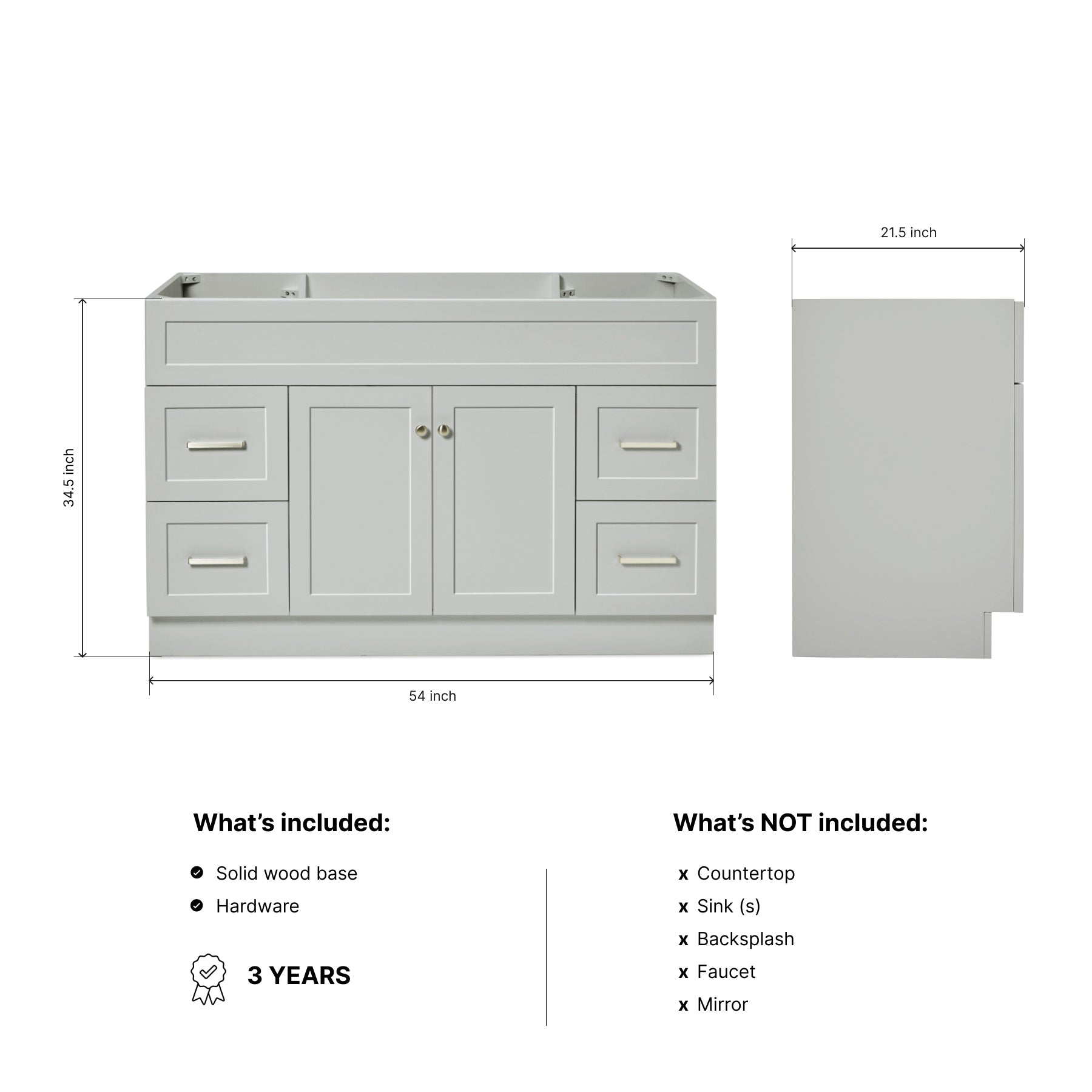 Bradford 54-inch Grey base cabinet on dimensions
