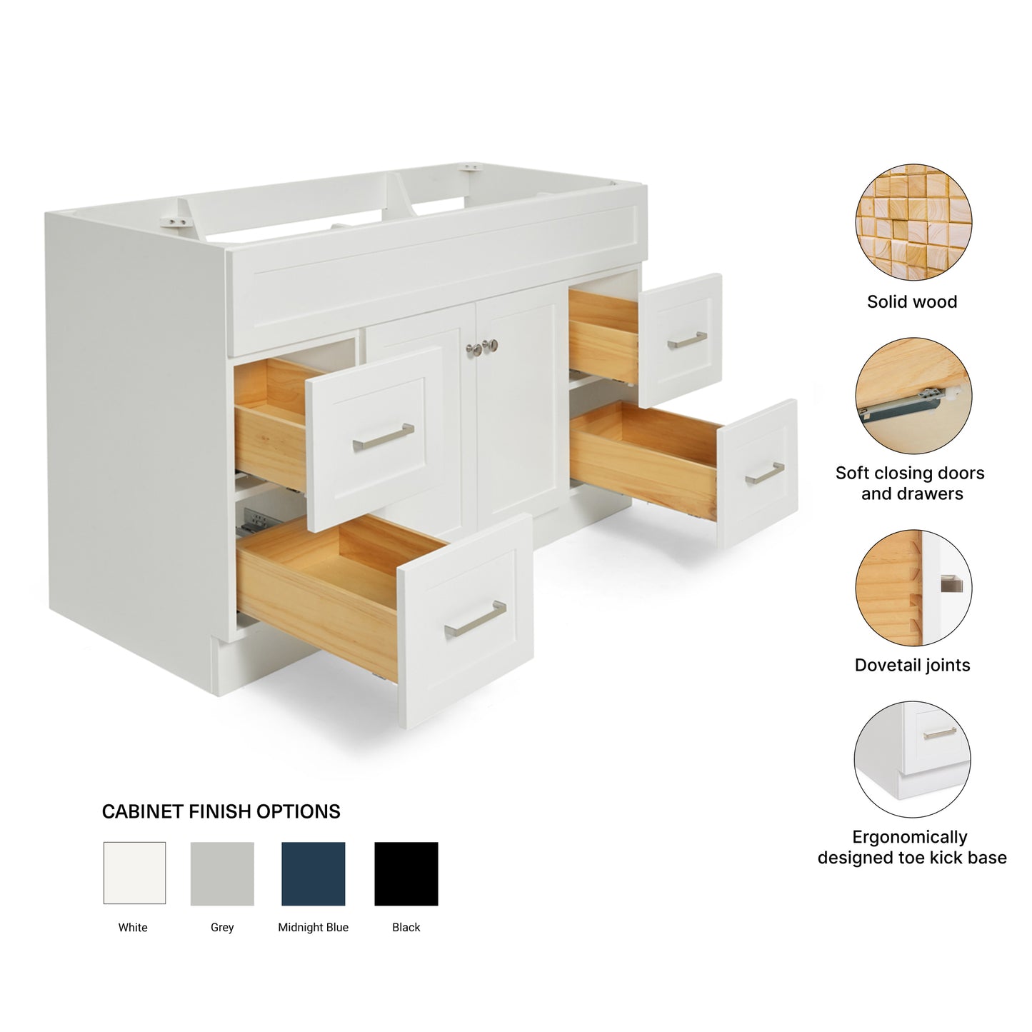 Bradford 54-inch White base cabinet on feature highlights: solid wood frame, soft-close doors and drawers, Sherwin-Williams paint finish