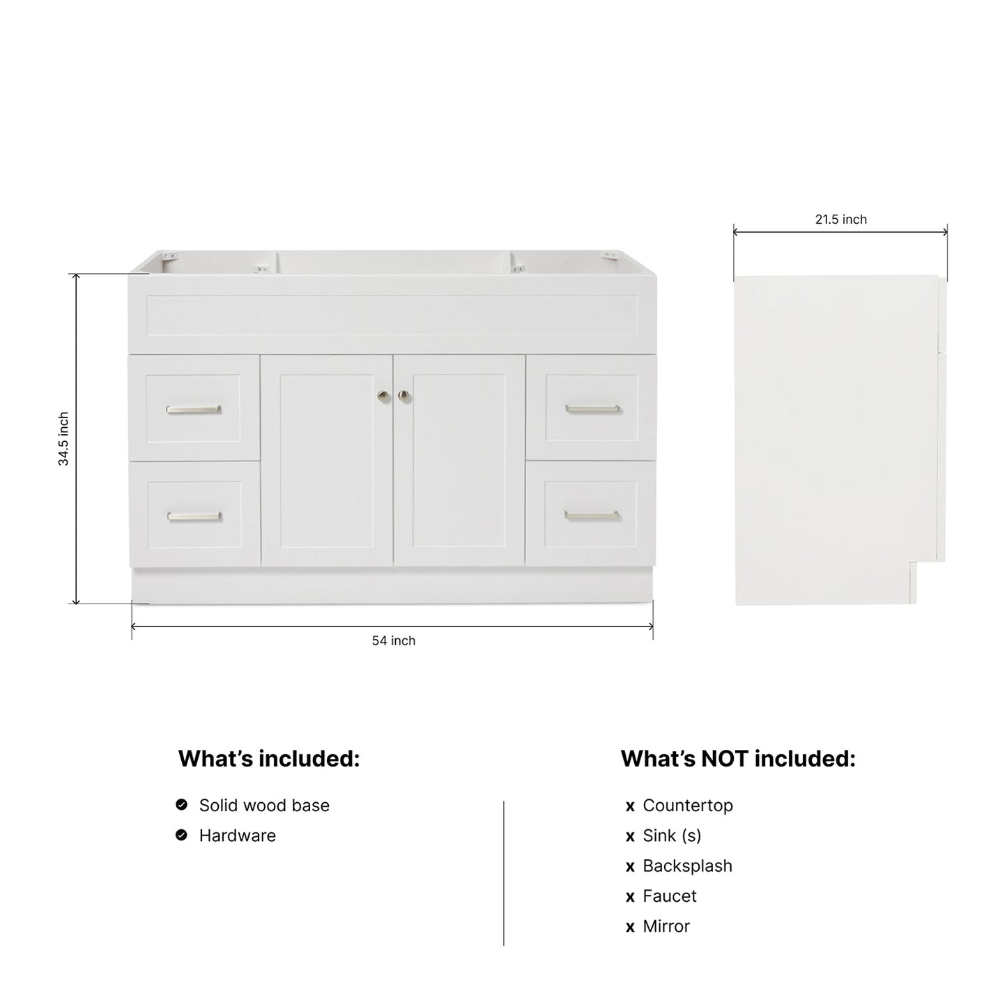 Bradford 54-inch White base cabinet on dimensions