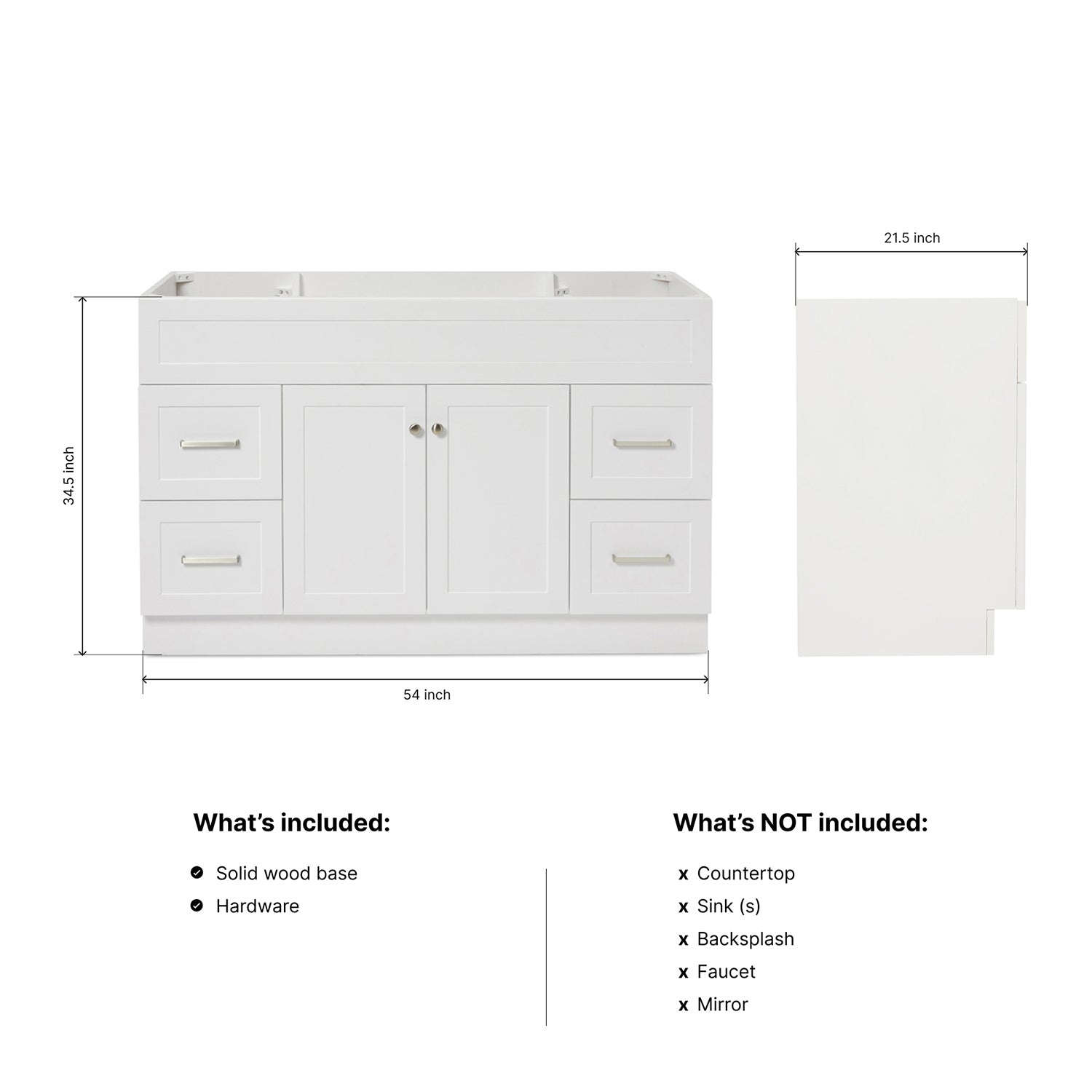 Bradford 54-inch White base cabinet on dimensions