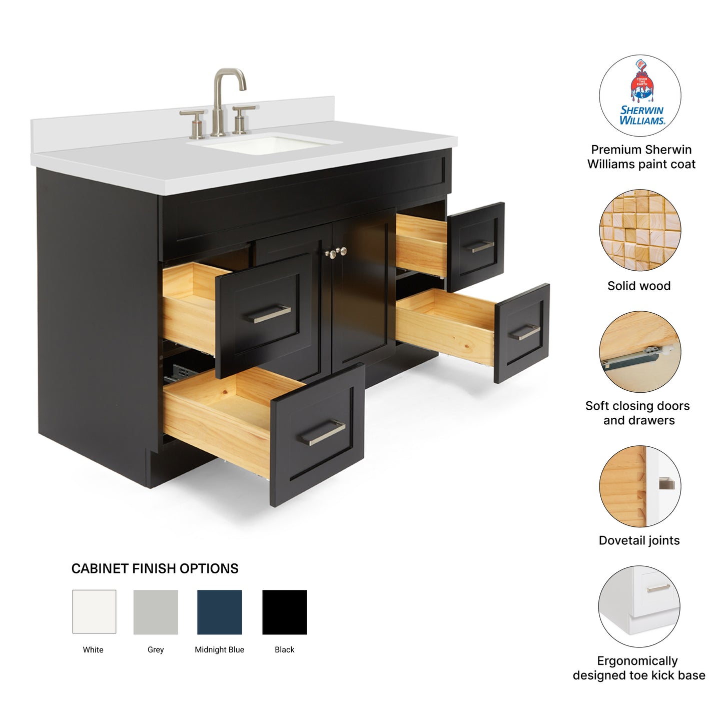 Bradford 54-Inch Black bathroom vanity – feature highlights: solid wood frame, soft-close doors and drawers, Sherwin-Williams paint finish