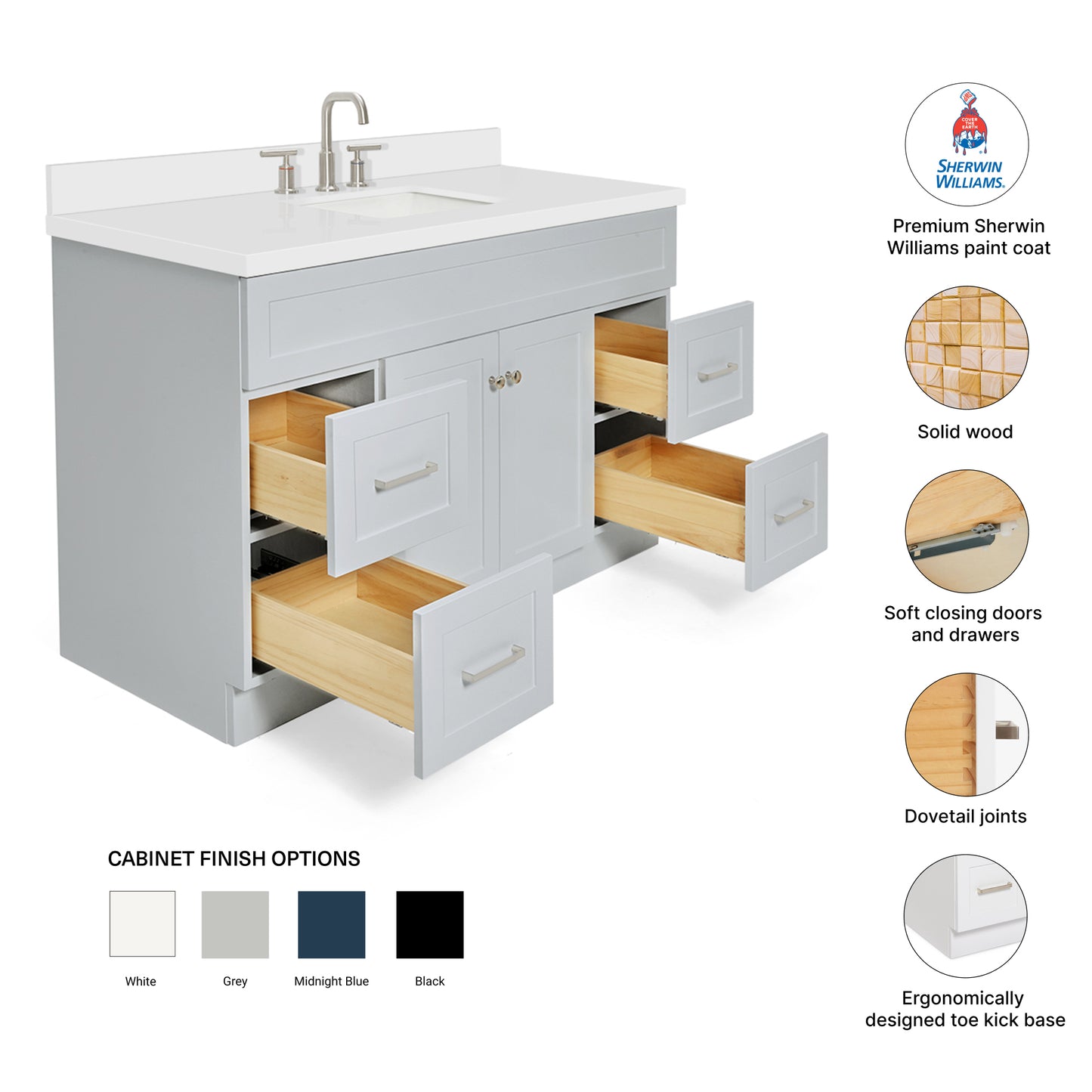 Bradford 54-Inch Grey bathroom vanity – feature highlights: solid wood frame, soft-close doors and drawers, Sherwin-Williams paint finish