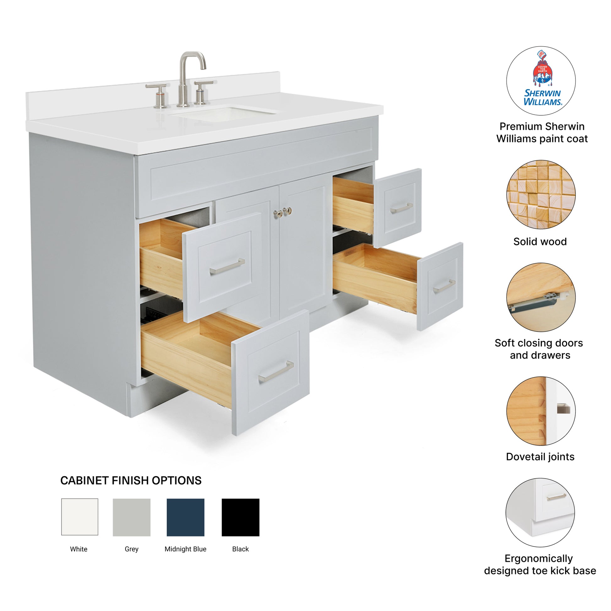 Bradford 54-Inch Grey bathroom vanity – feature highlights: solid wood frame, soft-close doors and drawers, Sherwin-Williams paint finish