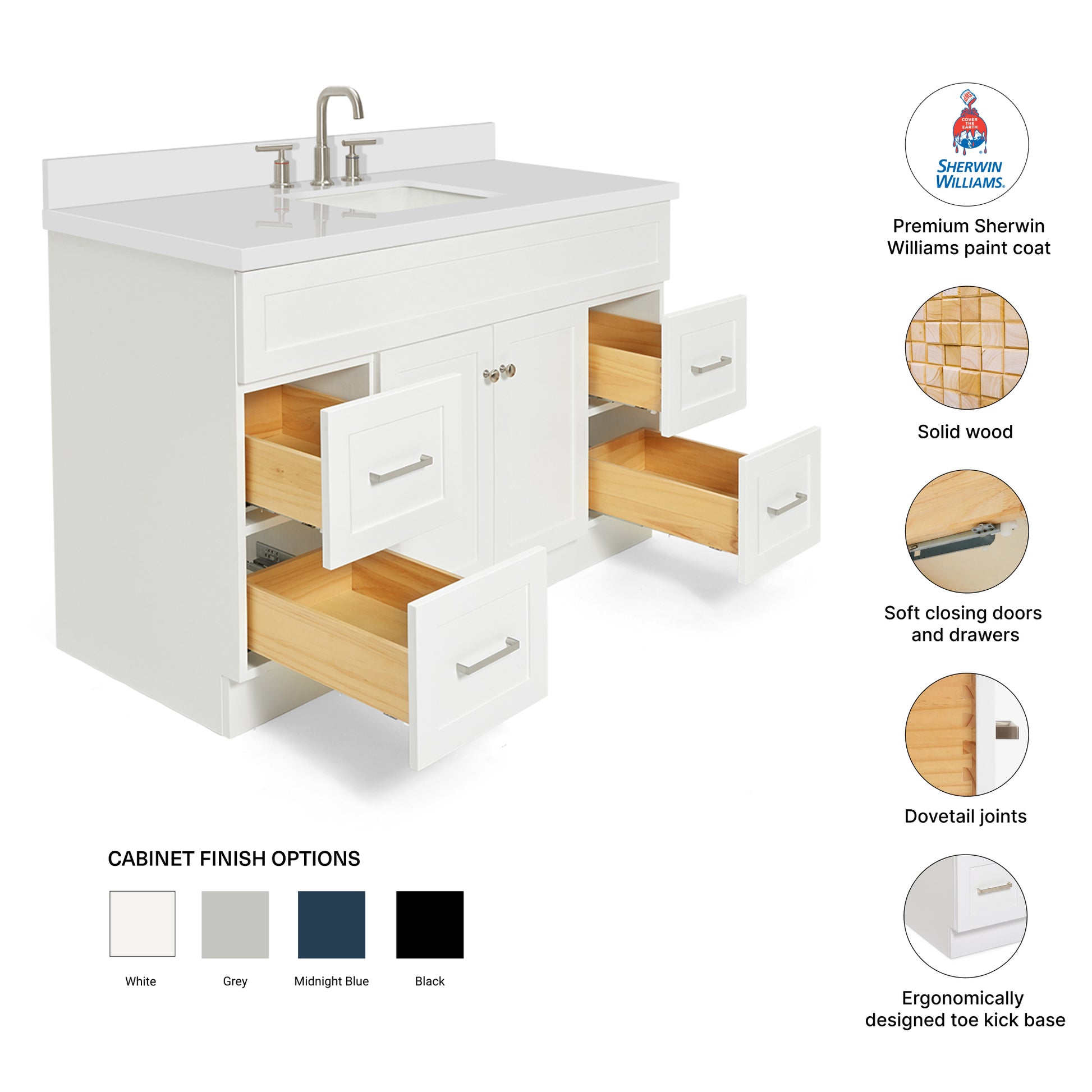 Bradford 54-Inch White bathroom vanity – feature highlights: solid wood frame, soft-close doors and drawers, Sherwin-Williams paint finish